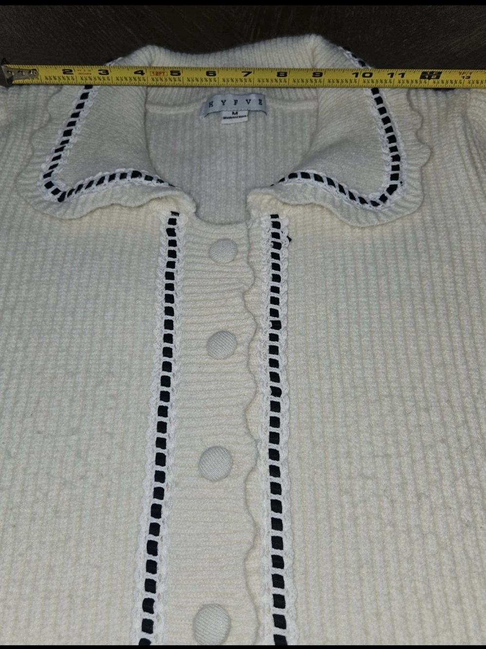 HYFVE Coquette Cream ribbed Cardigan Contrast Trim Peter Pan Collar Sweater M - Picture 10 of 16